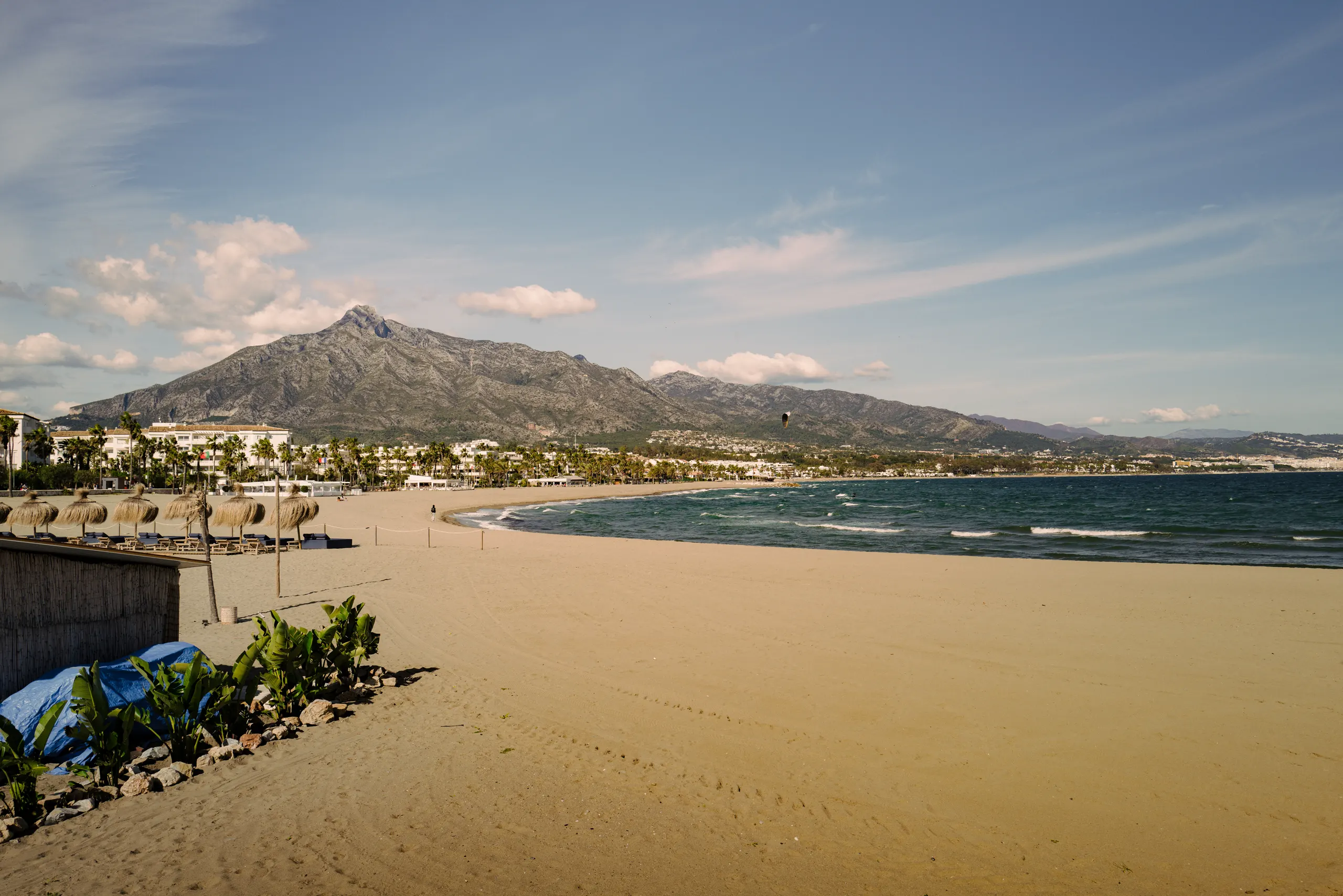 Golden Mile beach in Marbella with La Concha mountain in the background